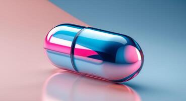 A pill shaped object on a blue and pink background photo
