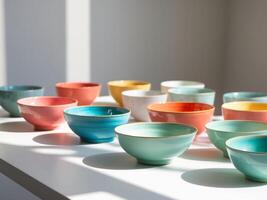 Colorful Ceramic Bowls Collection. A Vibrant Display in Natural Sunlight, Kitchenware. photo