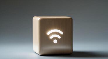 Wooden Cube with Glowing WiFi Symbol. Connection, Technology, and Wireless Concept. photo