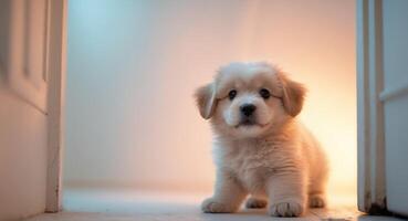 A puppy standing in front of a door photo