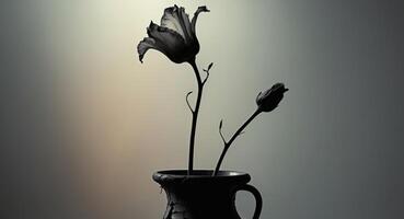 A black and white photo of a vase with two flowers