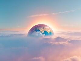 Earth Rising Above the Clouds. A Symbolic Representation of Hope and New Beginnings. photo