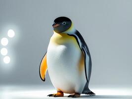 A penguin is standing in front of a light photo
