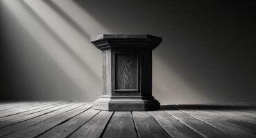 Elegant Wooden Pedestal in Monochromatic Light, Display Stand, Product Showcase. photo