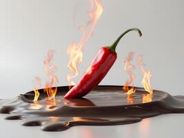 Red Chili Pepper in Chocolate Sauce, Ignited with Fire, Hot and Sweet Combination photo
