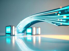 Abstract Technology. Data Flowing Through Neon Lit Cubes and Reflected on the Surface. photo