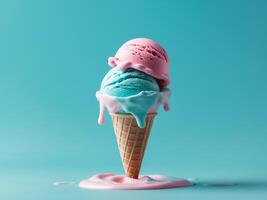 Two Scoops Ice Cream Cone with Dripping Melted Ice Cream on a Blue Background. photo