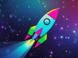 Retro Style Rocket Launching into Space with Vibrant Colors and Bokeh Effects. photo