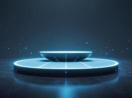 Futuristic Glowing Round Podium Stage with Neon Light, for Product Showcase and Presentation photo