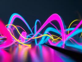 Abstract Neon Wave, Pink, Blue, and Yellow Lines with Reflections on a Shiny Surface. photo