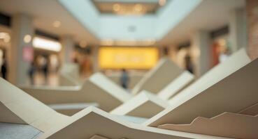 Abstract Geometric Art Installation in a Modern Shopping Mall, Blurred Background. photo
