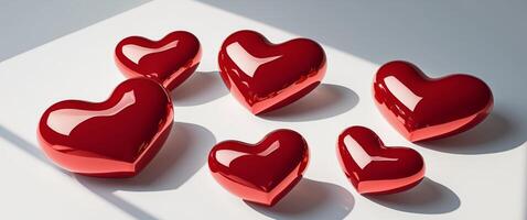 Shiny Red Hearts Displayed on a White Surface, Symbolizing Love and Affection photo