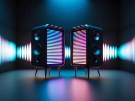 RetroFuturistic Speakers with Neon Lighting, Abstract Audio Visualizer Background. photo