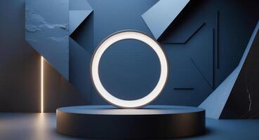 Modern Abstract Stage with Glowing Ring and Geometric Background, Ideal for Product Showcase photo