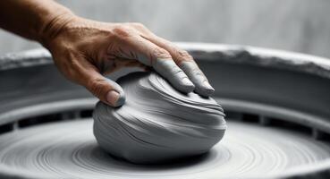 Pottery wheel, shaping clay by hand. A closeup view of the process, artistic touch. photo