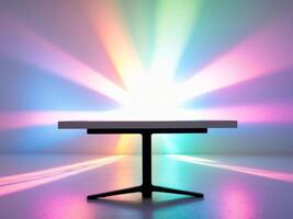 A table with a colorful light shining on it photo