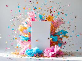 A blank card surrounded by confetti and colorful tissue paper photo