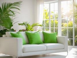 A white couch with green pillows in front of a window photo