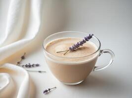 Lavender Latte in a Glass Cup with Creamy White Fabric, a Calm and Elegant Still Life. photo