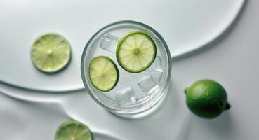 Refreshing Lime Drink. A Cool Glass of Water with Ice and Fresh Lime Slices, Top View photo