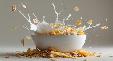 Milk Splash into Bowl Full of Cornflakes. A Delicious Breakfast Still Life. photo