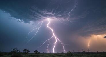 Spectacular Lightning Storm Over a Field at Night, A Powerful Display of Nature. photo