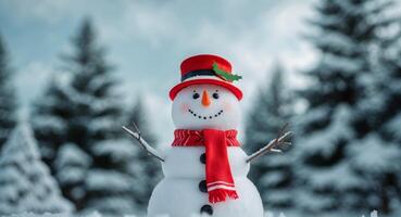 A Cheerful Snowman with a Festive Red Hat and Scarf, Standing in a Snowy Landscape. photo