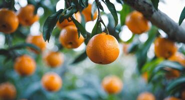Oranges Hanging on Tree Branches with Green Leaves and Bokeh Background, Close Up. photo