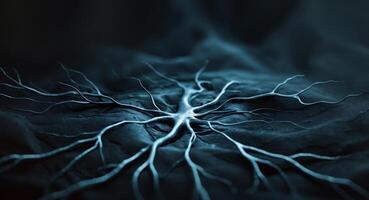 Neural Network Abstract, Dark Blue Tones, Complex System Visualization, Connectivity. photo