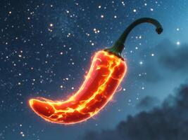 Fiery Chili Pepper Floating in a Starry Night Sky with Soft Cloud Formations. photo