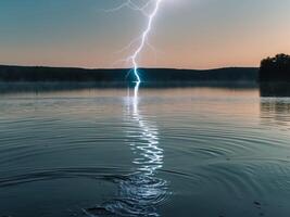 Lightning Strikes Over Still Lake Water, Reflecting in Calm Surface, Evening Sky Above. photo
