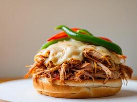 Delicious Pulled Pork Sandwich with Melted Cheese and Peppers, a Culinary Delight. photo