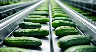 Freshly Harvested Cucumbers on Conveyor Belt in Modern Greenhouse, CloseUp View photo