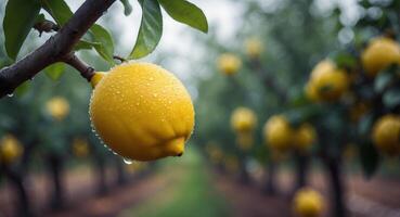A lemon tree with water droplets on it photo