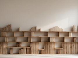 Modern Wooden Bookshelf with Unique Design and Creative Shelving Arrangement. photo