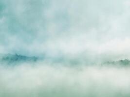 Ethereal Forest. A Serene Landscape of Mist and Trees in Soft Turquoise and Green Hues. photo