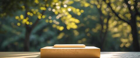 Product Display Podium in Natural Setting with Bokeh, Ideal for Marketing or Ads. photo