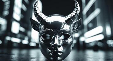 Silver Devil Mask in Urban Setting, a Study in Contrast and Metallic Sheen. photo
