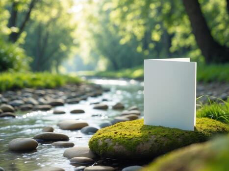 Blank card mockup on a mossy rock by a stream with a lush green forest background. photo