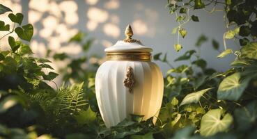 A white vase with gold trim sitting in the middle of some plants photo