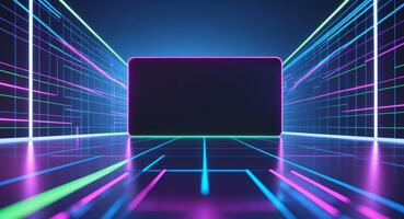 A neon lighted background with a black cube photo