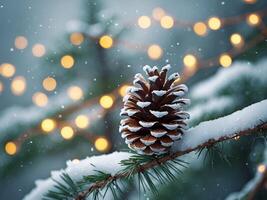 Winter Pine Cone Ornament on Snowy Branch with Bokeh Lights Background. photo