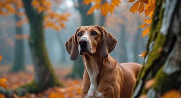 A Regal Hound Dog in a Tranquil Autumn Forest Setting, Natures Beauty Highlighted. photo