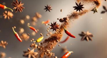 Spices Explosion. Anise Stars, Chili Peppers, and Nutmeg in MidAir, a Culinary Symphony. photo