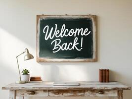 Welcome Back Blackboard Sign Above a Rustic Desk with Lamp, Books, and Laptop. photo
