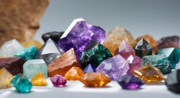 A variety of colorful gems are arranged on a table photo
