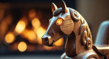 Intricately Crafted Wooden Rocking Horse with Glowing Eyes, Nostalgic Charm photo