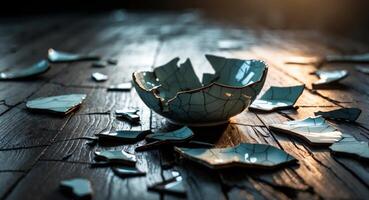 Broken Porcelain Bowl. A Symbol of Fragility and Loss, Reflections on a Wooden Surface photo