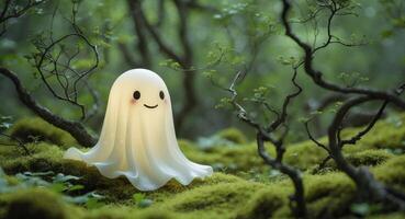 Cute Cartoon Ghost in Forest with Mossy Background and Twisted Branches. photo