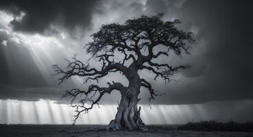 Lone Tree Silhouette Against Dramatic Sky With Sun Rays A Timeless Black and White Scene. photo